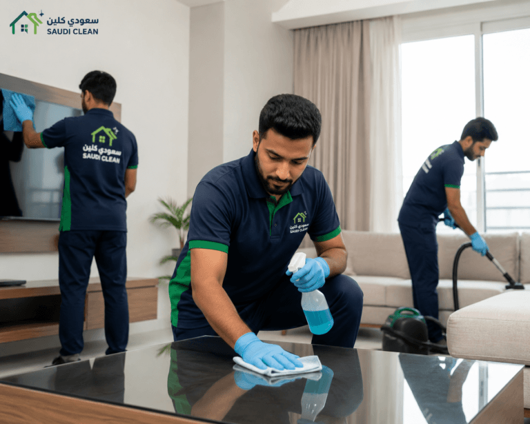 فريق عمل سعودي كلين اثناء تنظيف المنزل